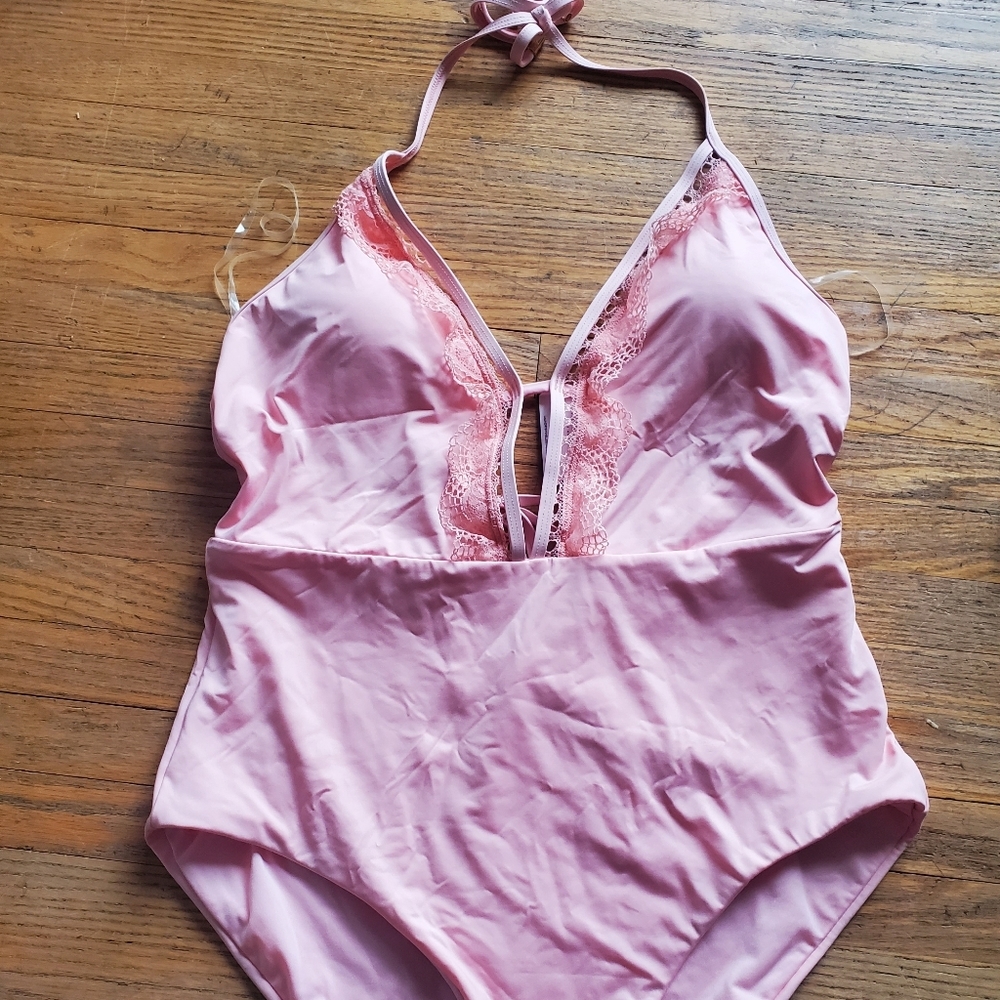 Pink deep V one piece swim suit size XL